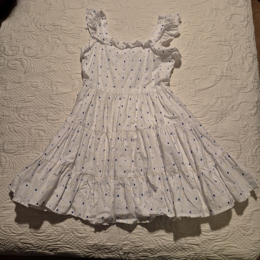 Janie and Jack girls size 8 white swiss dot dress, blue yellow dots lined VGUC
